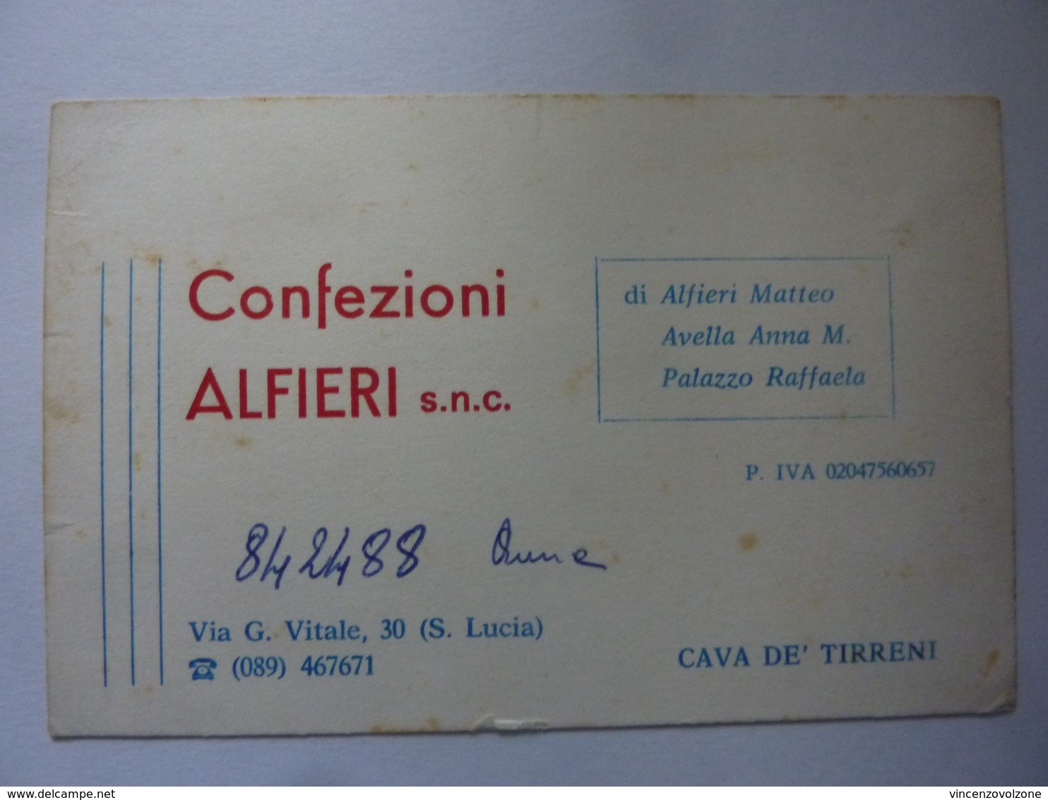 Cartoncino Pubblicitario "CONFEZIONI ALFIERI S.n.c. CAVA DEI TIRRENI" - Cartoncini Da Visita