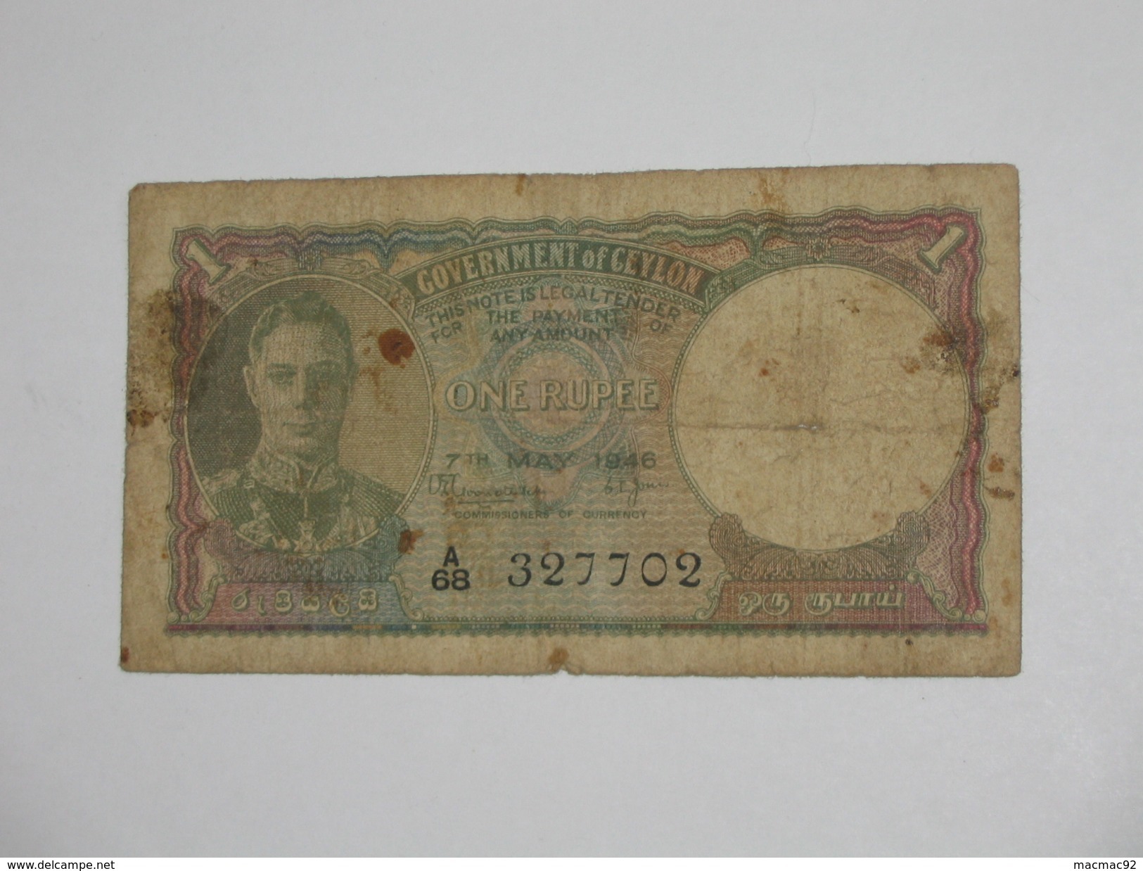 1 One Ruppees 1946 - Government Of Ceylon  **** ACHAT IMMEDIAT ***  Billet Assez Rare - Inde