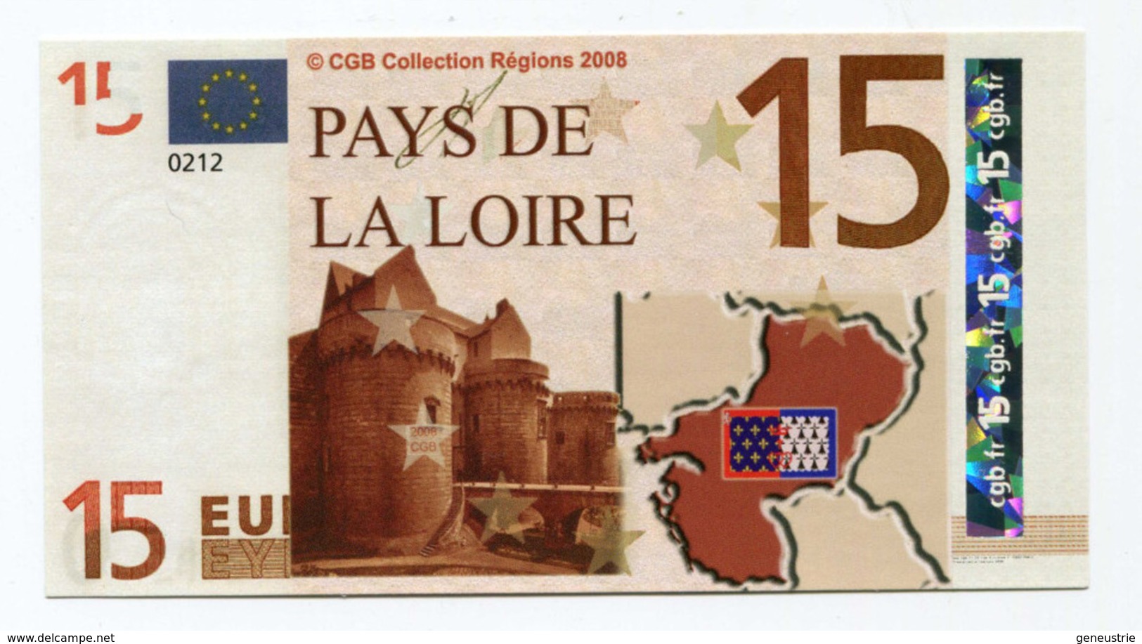 Billet De Banque "15 Euros / Pays-de-Loire" 2008 - CGB - Billet Fictif De Fantaisie 15€ - Banknote - Other & Unclassified