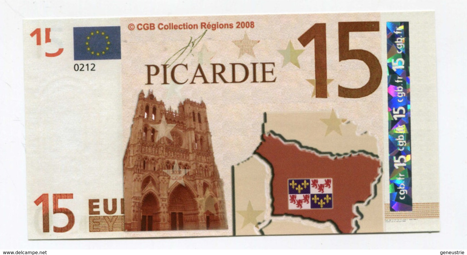 Billet De Banque "15 Euros / Picardie" 2008 - CGB - Billet Fictif De Fantaisie 15€ - Banknote - Essais Privés / Non-officiels
