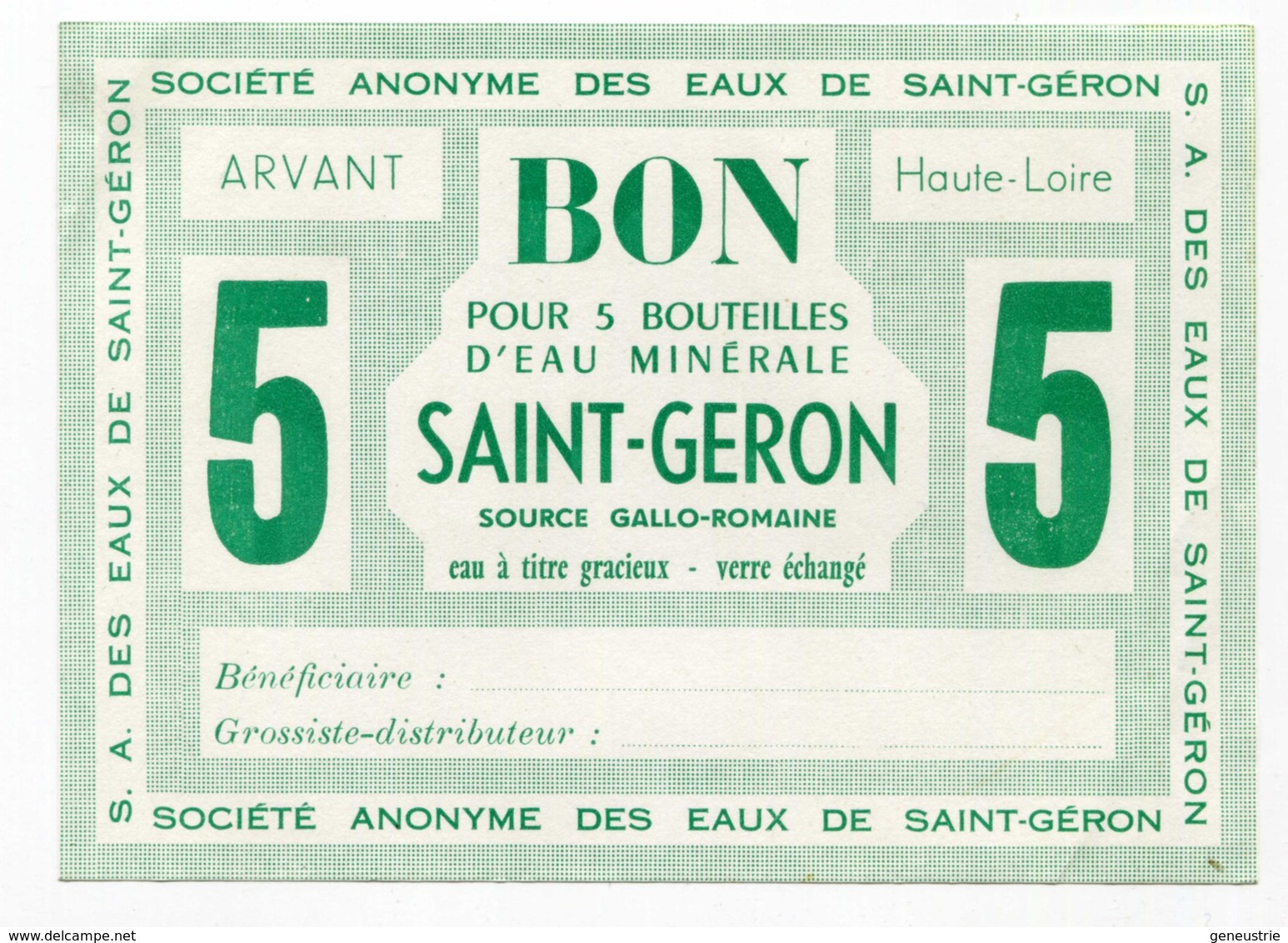 Billet De Nécessité "Bon Pour 5 Bouteilles D'eau Minérale Saint Géron / Arvant / Haute-Loire" - Bons & Nécessité