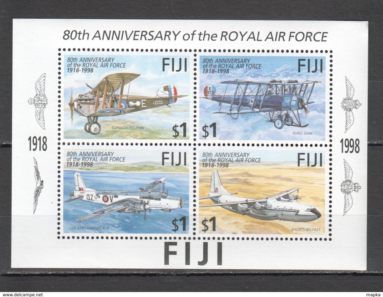 C427 1998 FIJI AVIATION 80TH ANNIVERSARY ROYAL AIR FORCE 1KB MNH - Vliegtuigen