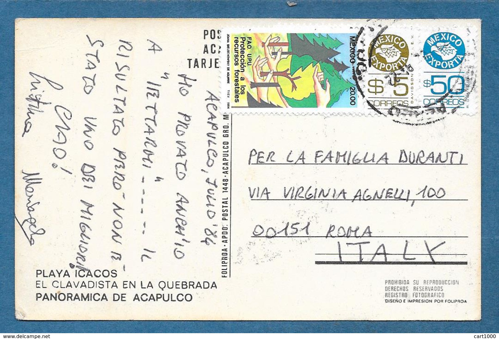 1984 MESSICO MEXICO ON CARD ACAPULCO TO ROMA - Messico