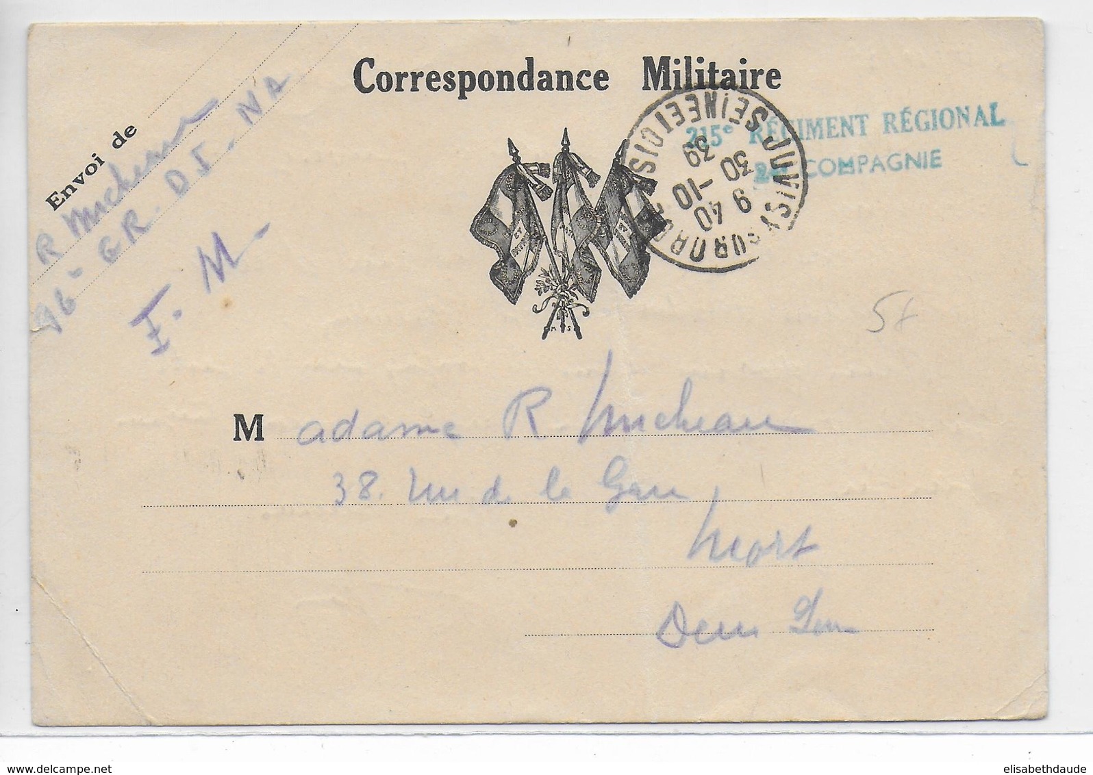 1939 - CARTE FM Du 215° REGIMENT REGIONAL à JUVISY SUR ORGE => NIORT - 2. Weltkrieg 1939-1945