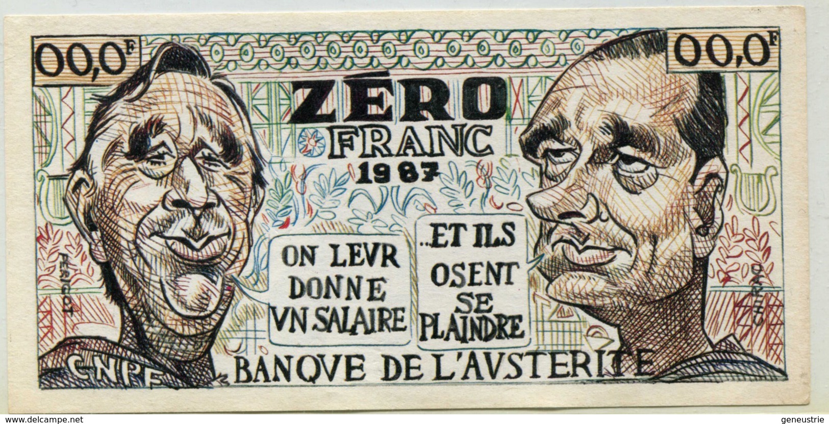 Billet De Banque Politique "Zéro Franc 1987 - Banque De L'Austérité - Jacques Chirac" Bank Note VO L'Hebdo - CGT - Specimen