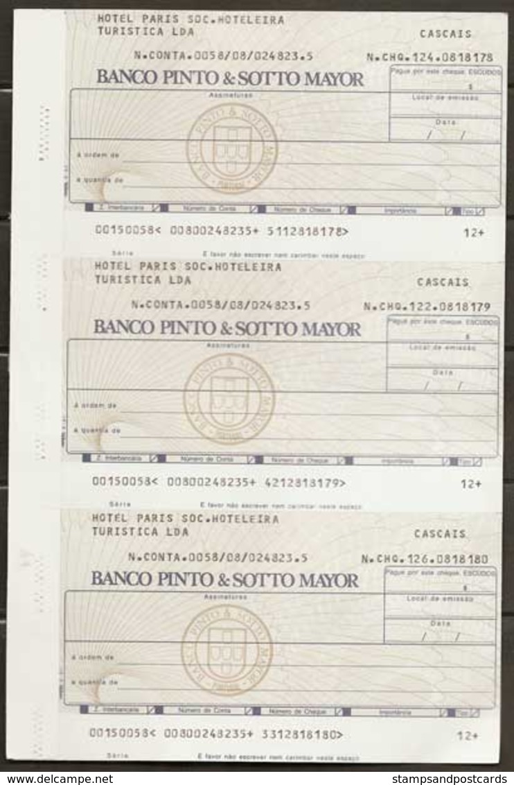 Portugal Cheque Bancaire 1991 Feuille De 3 Banco Pinto & Sotto Mayor Cascais Hotel Paris Bank Check Sheet Of 3 - Chèques & Chèques De Voyage