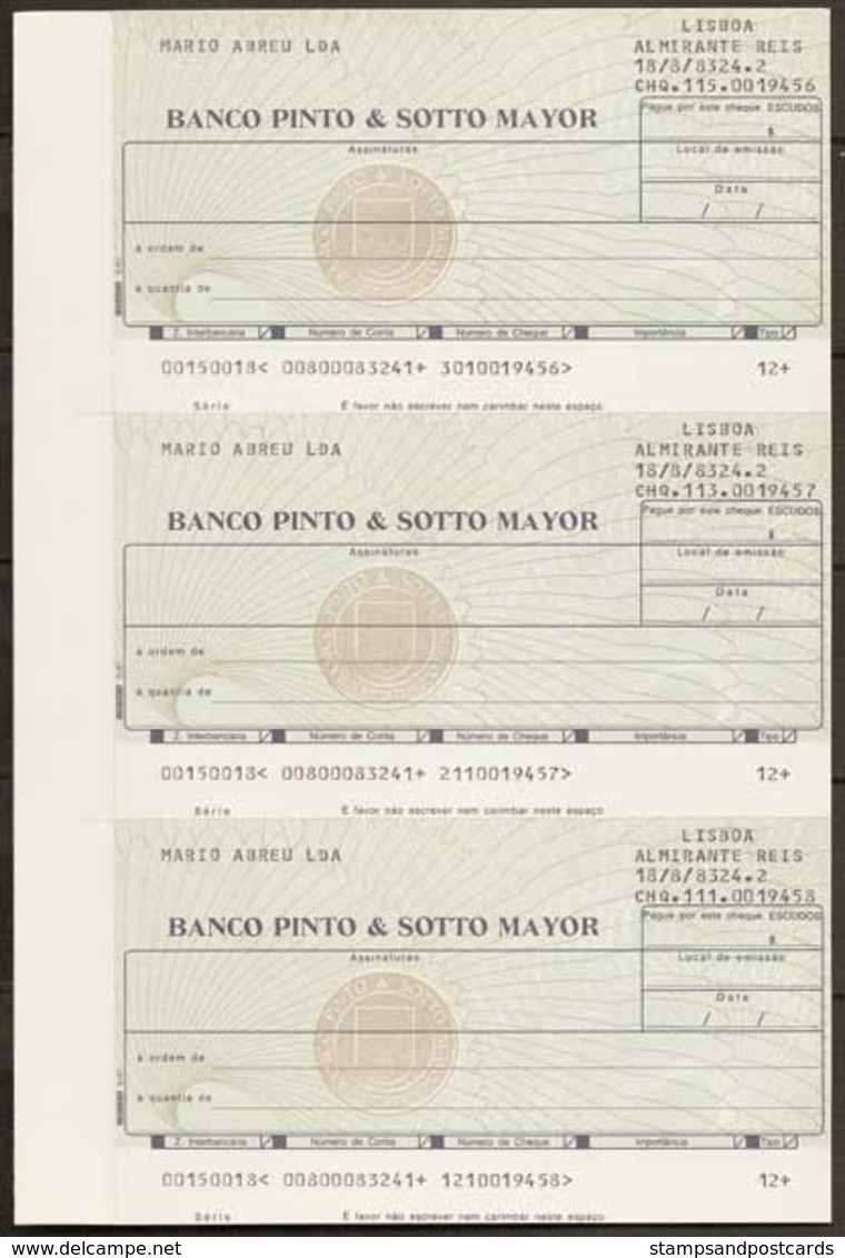 Portugal Cheque Bancaire 1987 Feuille De 3 Banco Pinto & Sotto Mayor Lisbonne Lisboa Lisbon Bank Check Sheet Of 3 - Cheques & Traveler's Cheques
