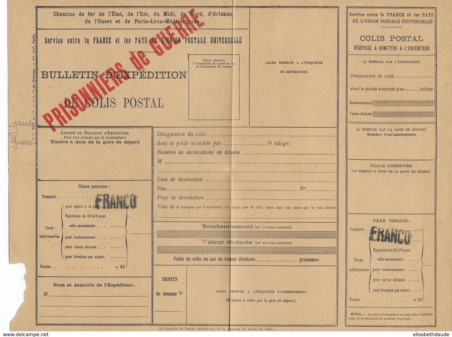 1940/44 - PRISONNIERS DE GUERRE -  FORMULAIRE COLIS POSTAL SPECIAL PG Non UTILISE - Lettres & Documents