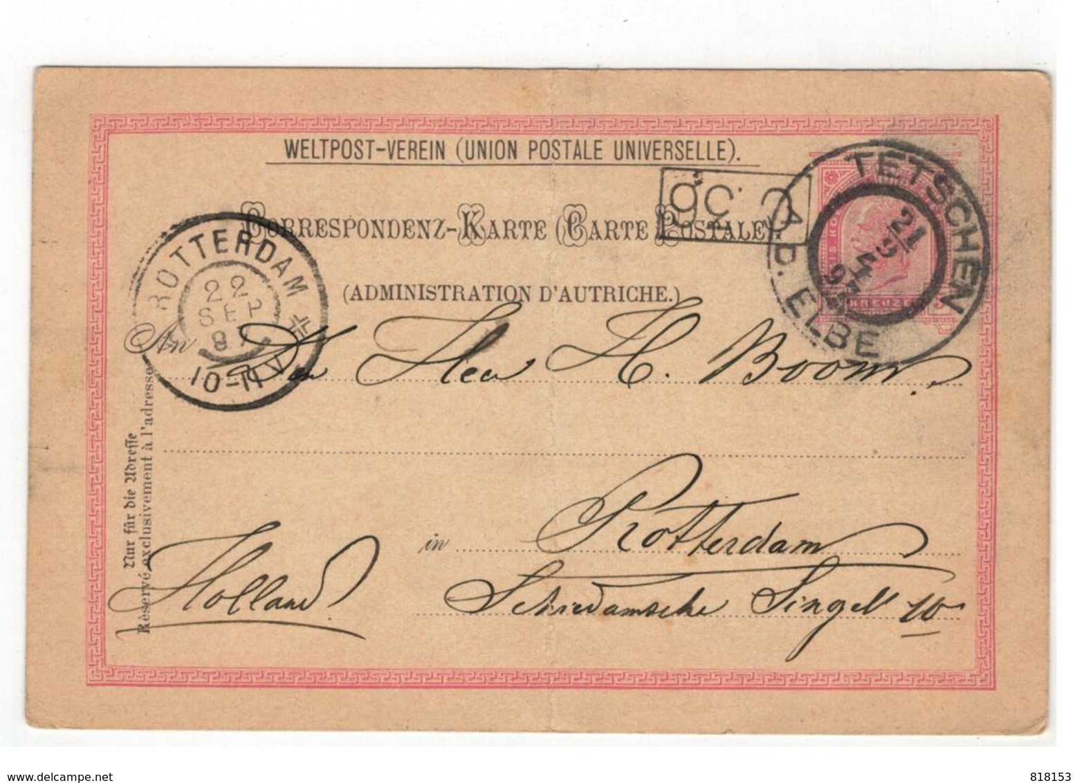 Weltposr-Verein Briefkaart  1897 Verstuurd Van TETSCHEN A.D.ELBE Naar Rotterdam (plooi In Midden) - Autres & Non Classés