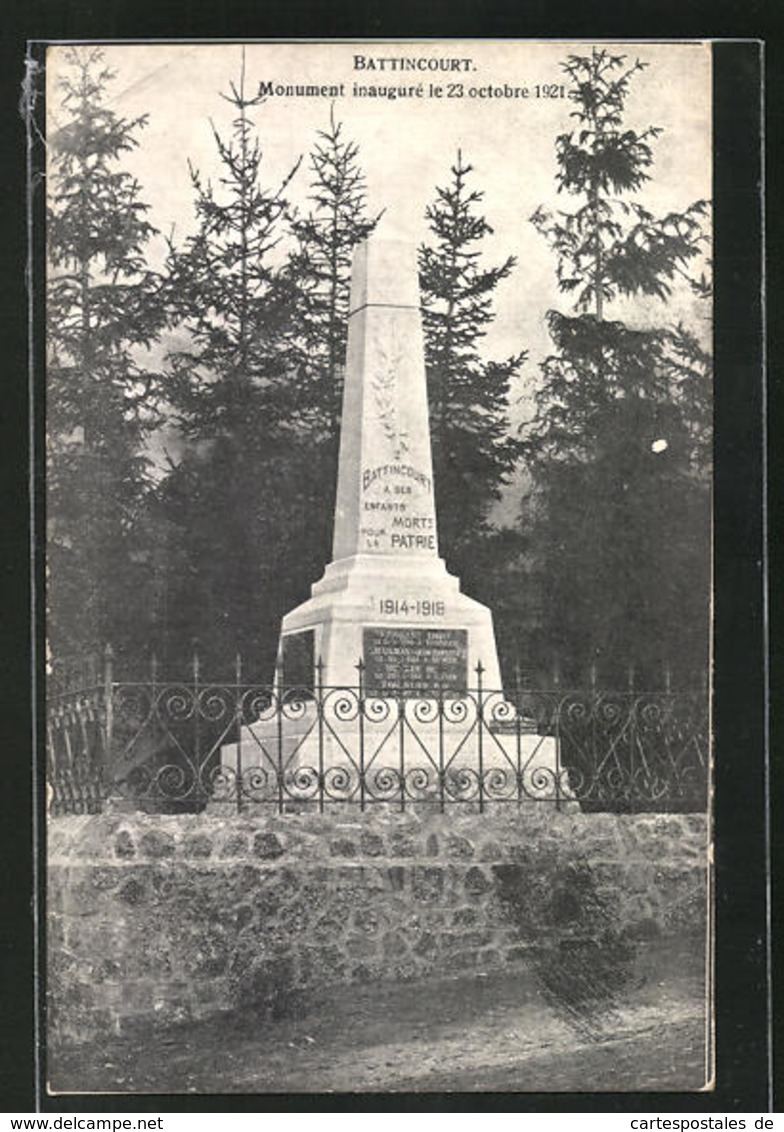 AK Battincourt, Monument Inaugure Le 23 Octobre 1921 - Andere & Zonder Classificatie