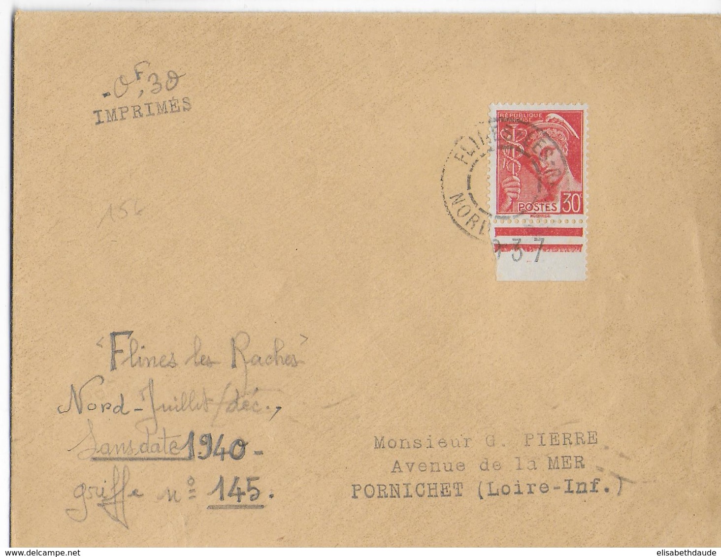 1940 - DEBACLE : EVACUATION MATERIEL POSTAL => CACHET SANS DATE Sur ENVELOPPE De FLINES LES RACHES (NORD) - Guerre De 1939-45