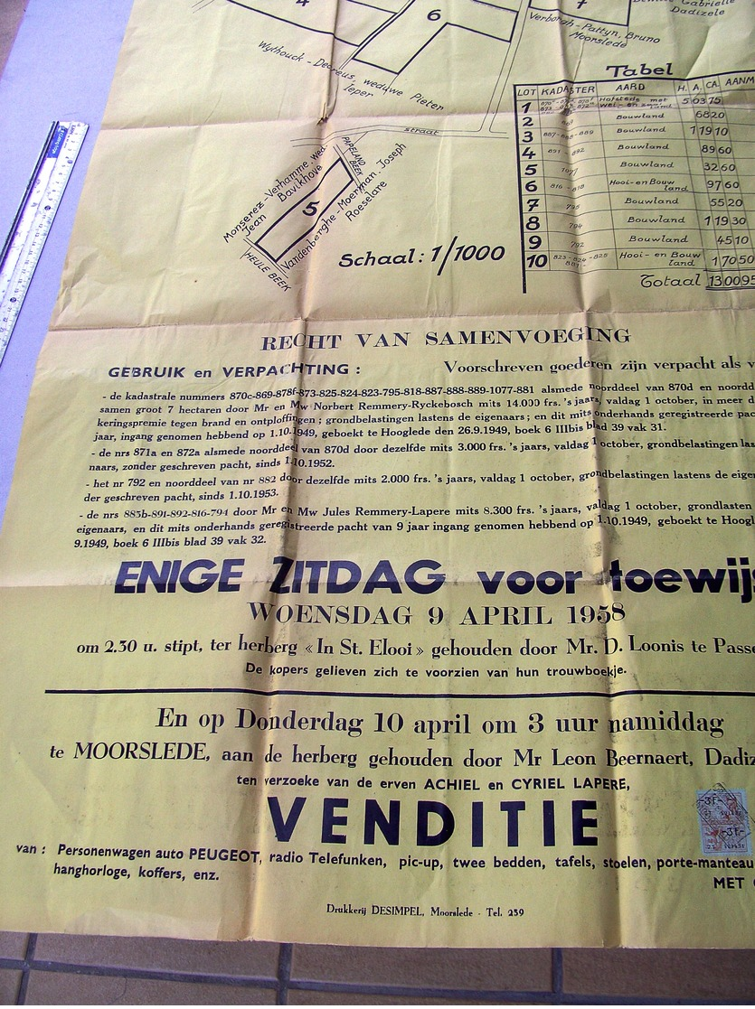 Affiche/poster: Openbare Verkoop MOORSLEDE, Hofstede Waterdam, 9-4-1958, Herberg St-Elooi - Affiches