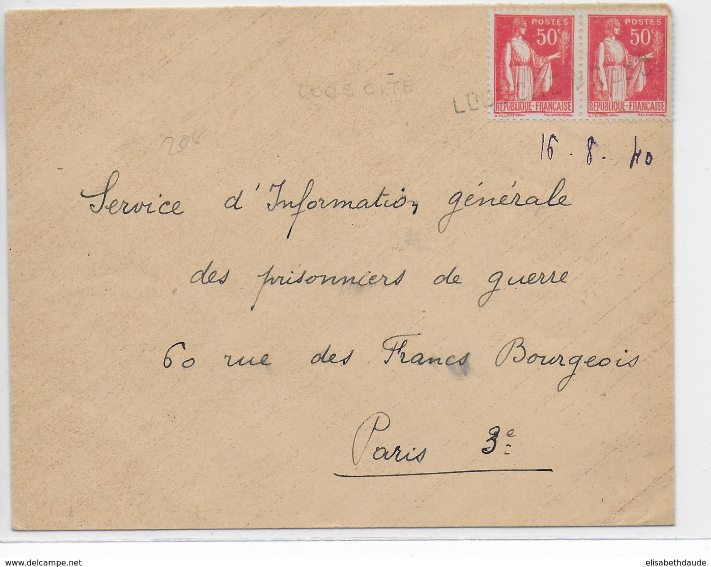 1940 - DEBACLE : EVACUATION MATERIEL POSTAL => CACHET LINEAIRE Sur ENVELOPPE De LOOS CITE (PAS DE CALAIS) - Guerre De 1939-45