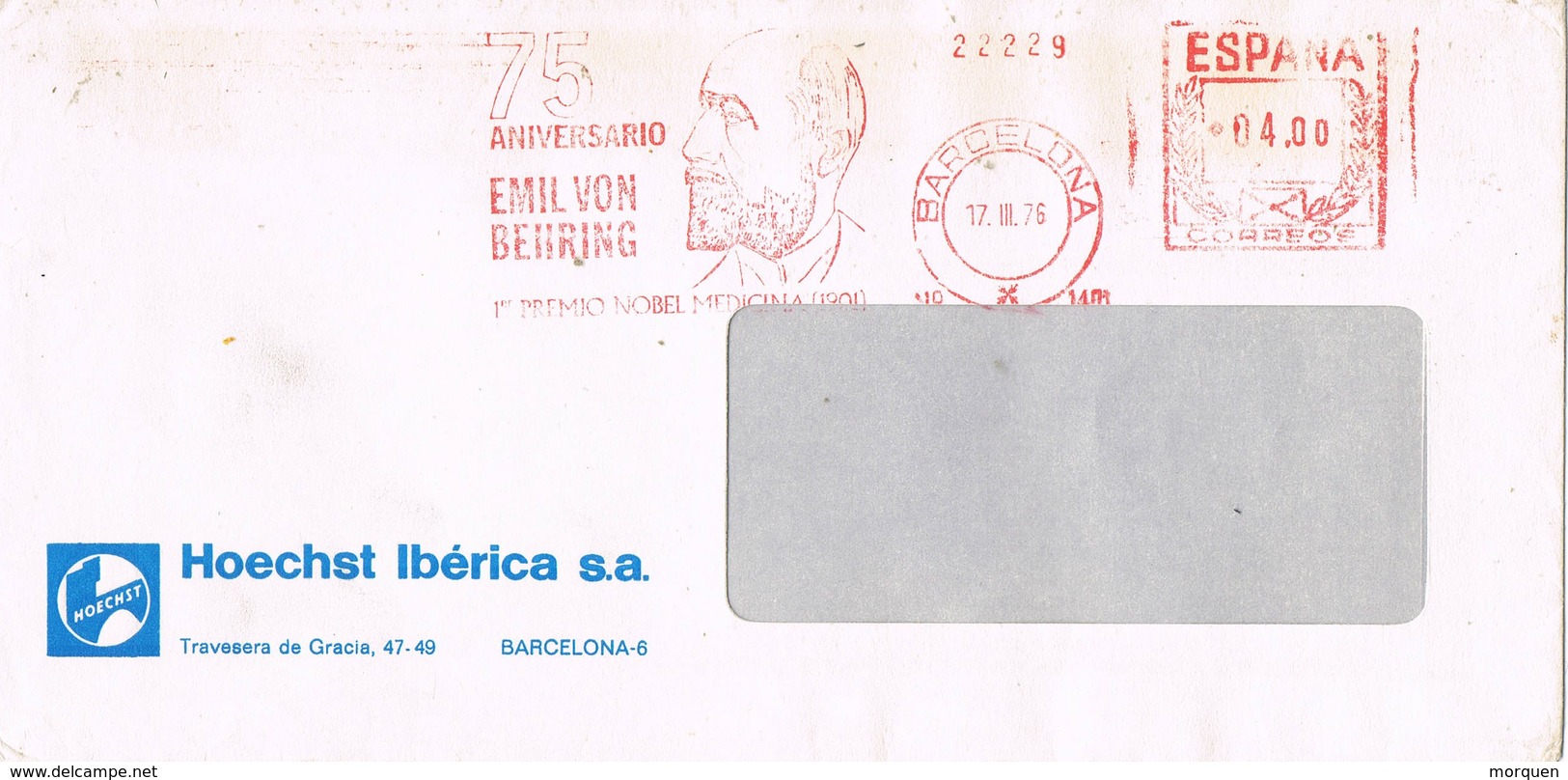 31125. Carta BARCELONA 1976. Franqueo Mecanico EMIL VON BEHRING. Nobel Medicina - Cartas & Documentos