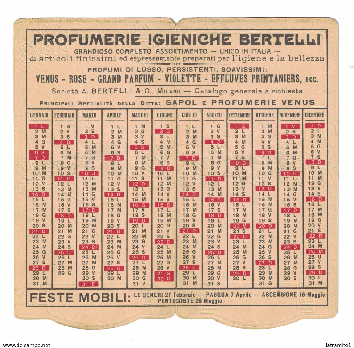 CALENDARIETTO BERTELLI  ALMANACCO 1912  SEMESTRINO - Altri & Non Classificati