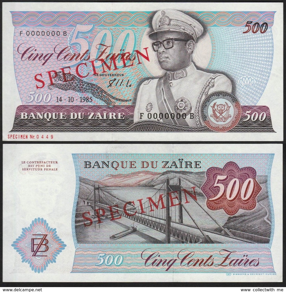 Zaire 500 Zaires 1985 UNC Specimen - Zaïre