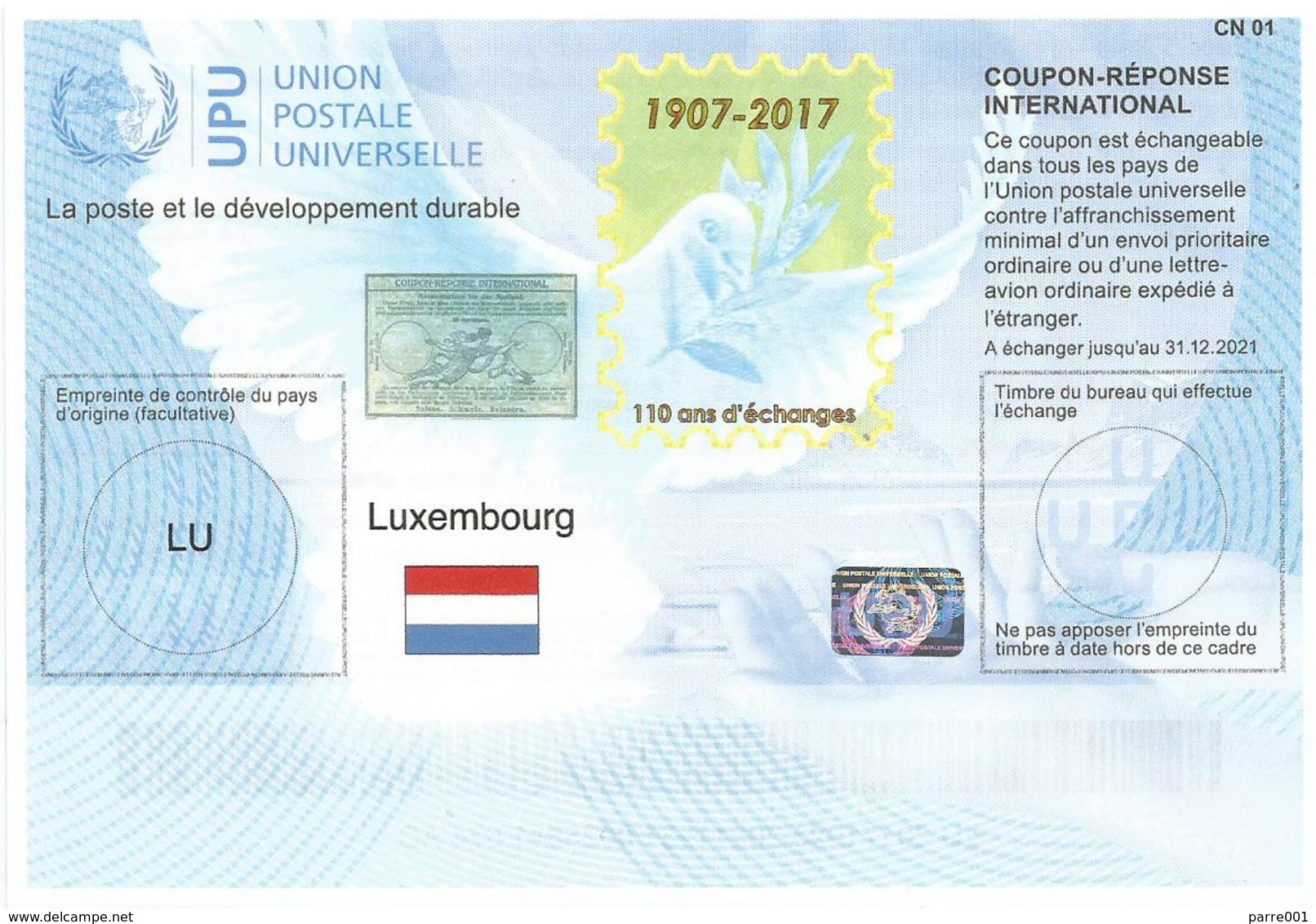 Luxembourg Luxemburg 2018 Reply Coupon Reponse 110 Ans D'échanges Hologram Type T37 IRC IAS - Hologrammes