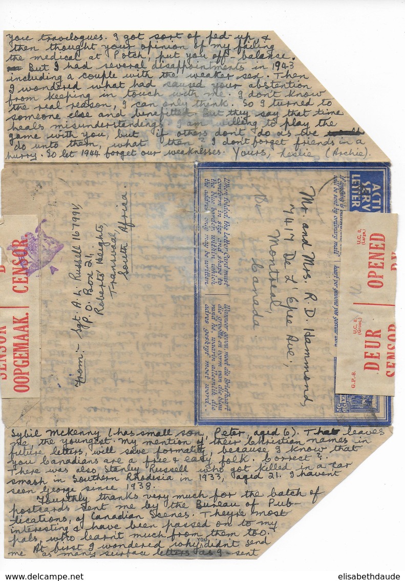 1943 - SOUTH AFRICA - ENVELOPPE AEROGRAMME MILITAIRE Avec CENSURE De TRANSVAAL => MONTREAL (CANADA) - Covers & Documents