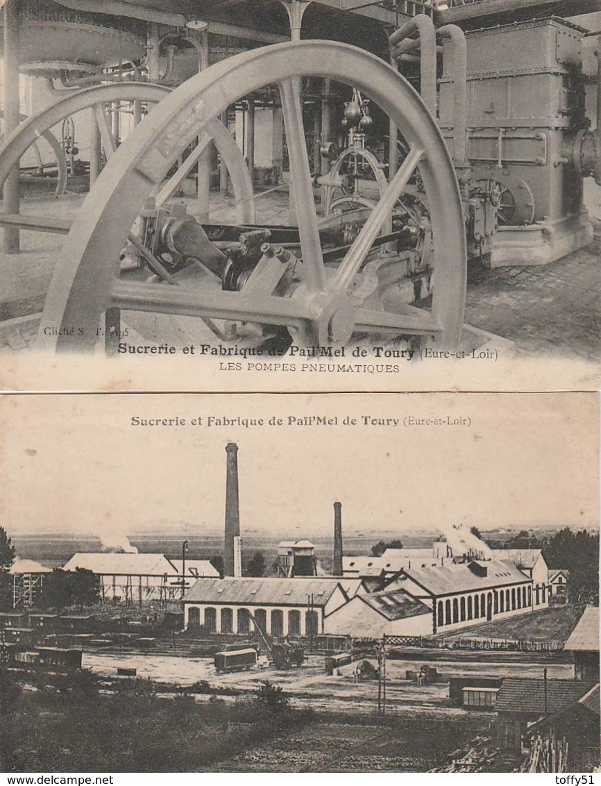 2 CPA:SUCRERIE ET FABRIQUE DE PAÏL'MEL DE TOURY (28) POMPES PNEUMATIQUES...ÉCRITES - Altri & Non Classificati