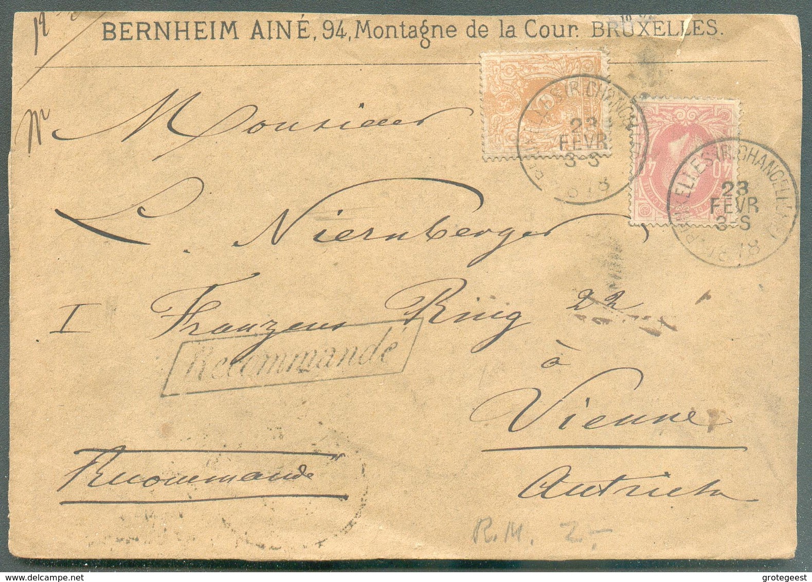 N°28-34 Obl. Sc BRUXELLES (R. CHANCELLERIE) Sur Devant En Recommandé Le 22 Février 1878 Vers Vienne (Autriche) - 13643 - 1869-1883 Leopoldo II