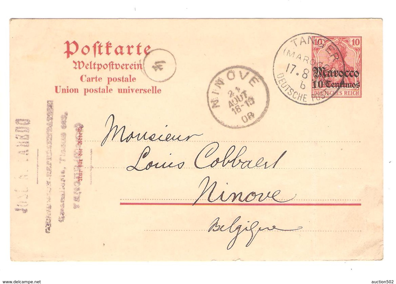 PR6141/ Ganz.CP Marocco 10 C.c.Tanger Deutsche Post 1908 José Laredo V.Belgien Ninove Arrival Cancellation - Morocco (offices)