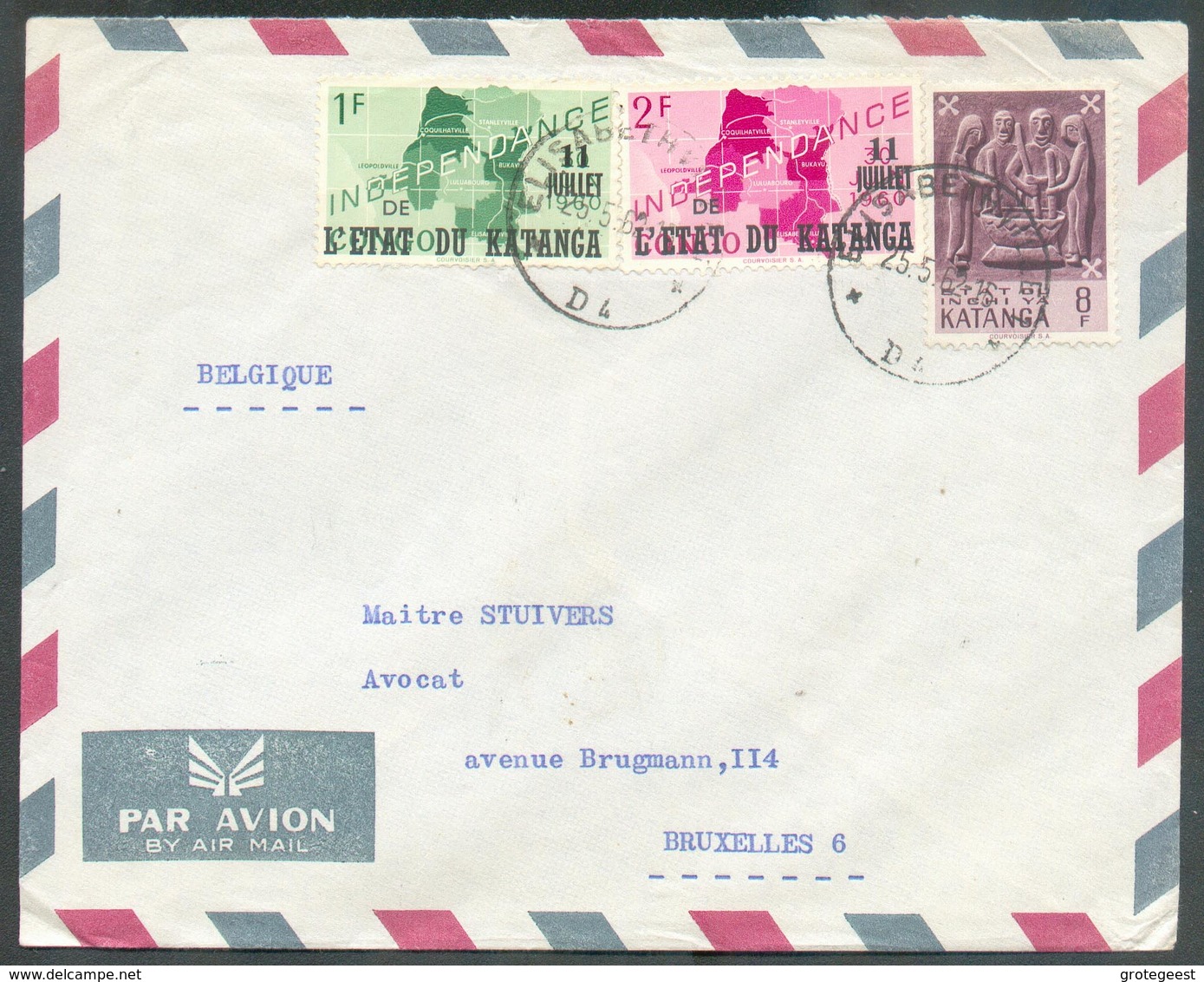 1Fr Et 2Fr. Indépendance + 8Fr. M. Obl. Sc ELISABETHVILLE Sur Lettre Par Avion Du 25-5-1962 Vers Bruxelles - 13648 - Katanga