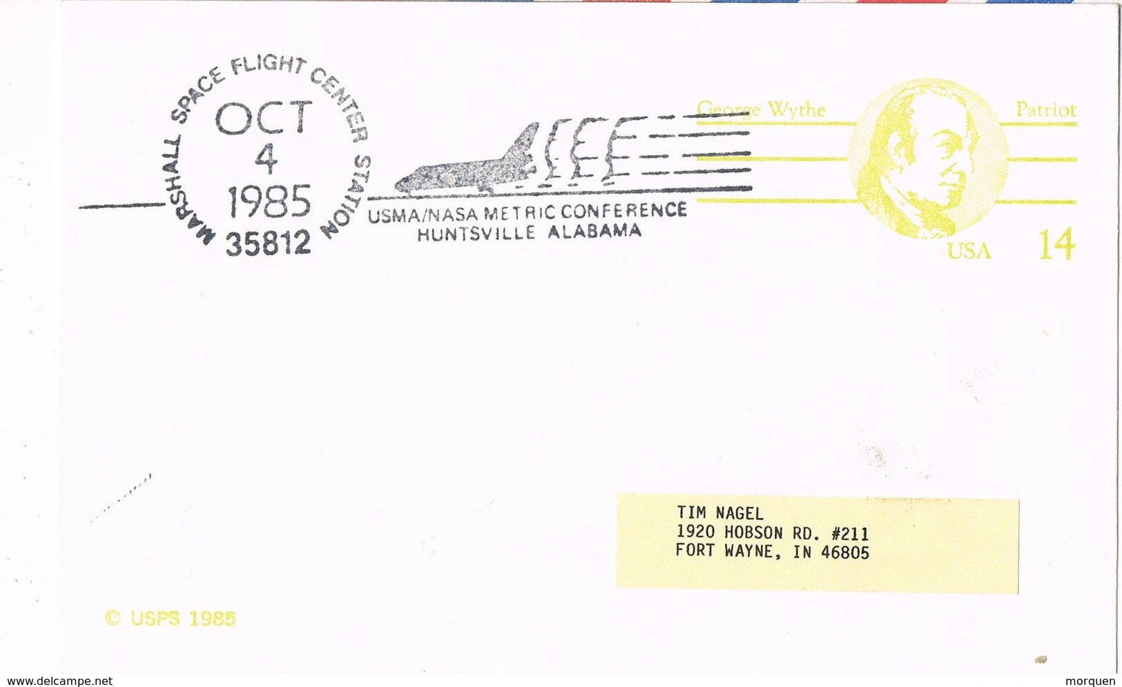 31132. Entero Postal HUNTSVILLE (Alabama) 1985. Marshall Space Flight. G. Wythe - 1981-00