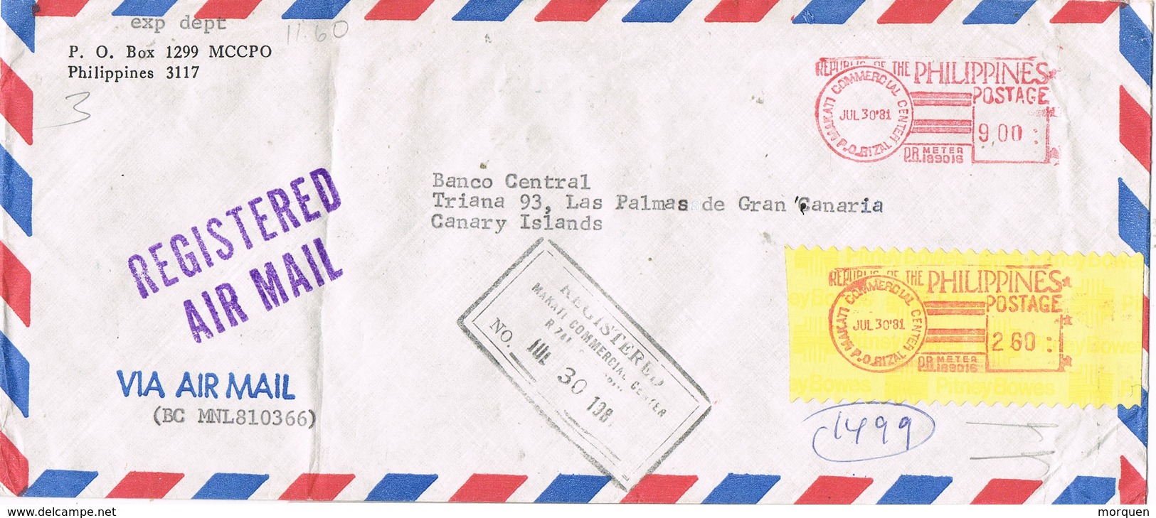 31133. Carta Certificada Aerea RIZAL (Filipinas) 1981. Franqueo Mecanico - Filipinas