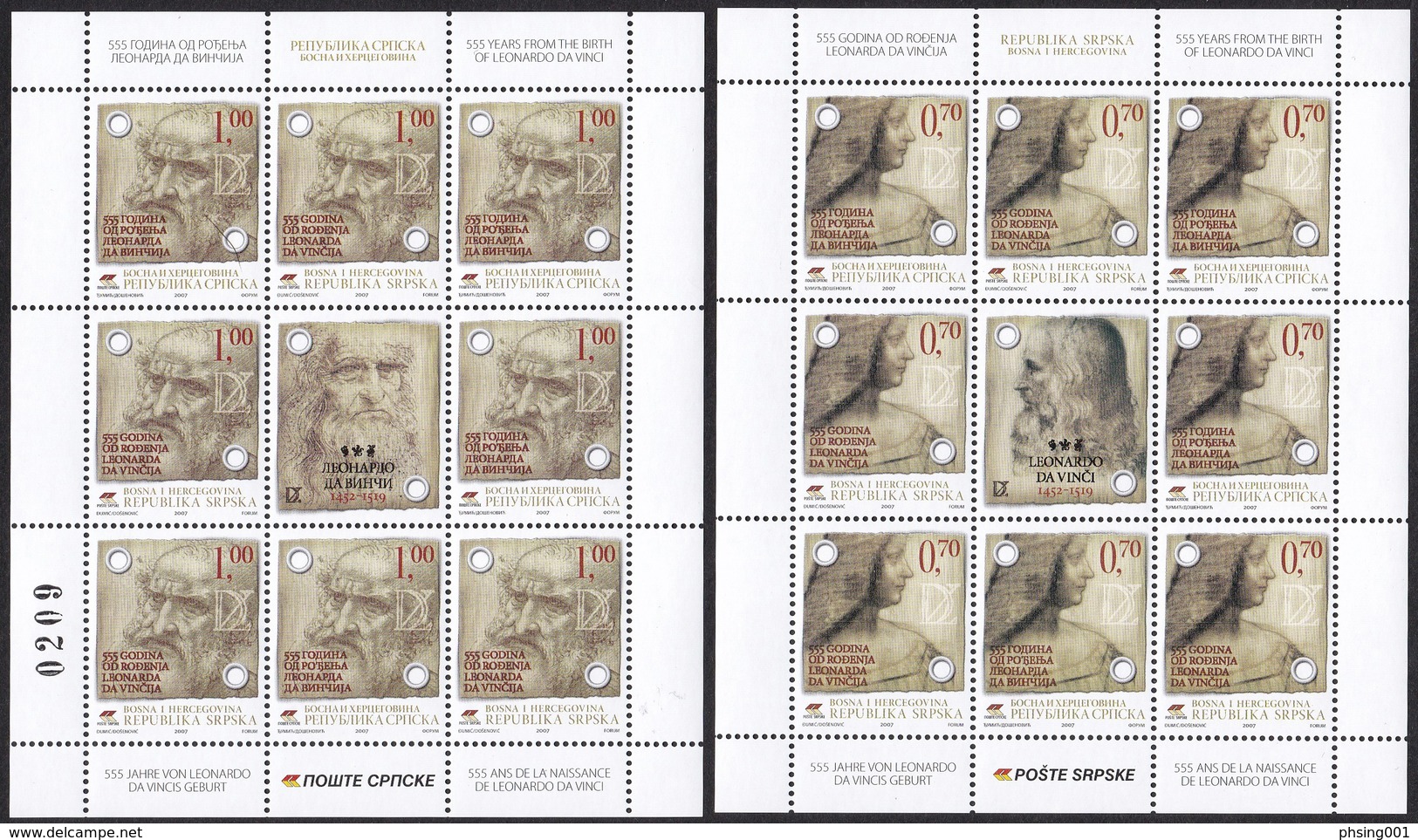 Bosnia Serbia 2007 Leonardo Da Vinci, Art, Science, Famous People, Italy, Mini Sheet MNH - Bosnia And Herzegovina