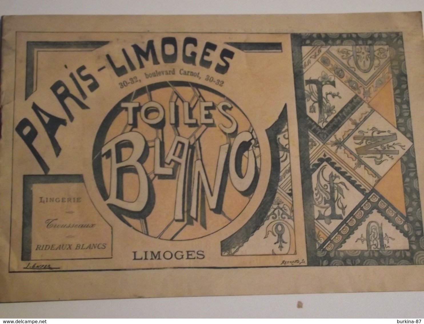 PARIS, LIMOGES, Toiles, Blanc, Catalogue De  Vente, Vers 1900 - Publicités