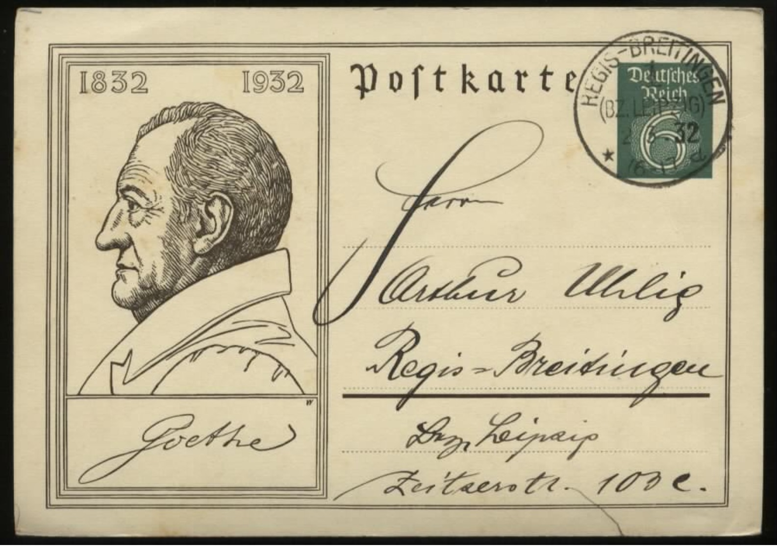 S1840 DR Goethe GS Postkarte , Gebraucht Regis Breitingen Leipzig 1932 , Bedarfserhaltung. - Sonstige & Ohne Zuordnung