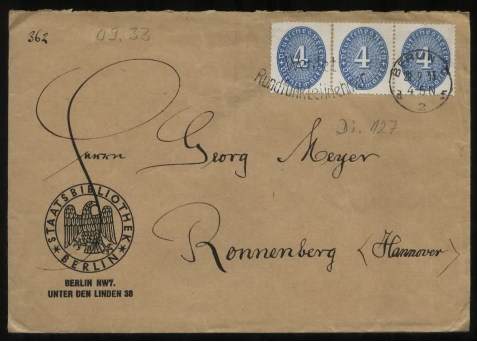 S1731 DR 4 Pfg Dienstpost MeF Briefumschlag Staatsbibliothek , Gebraucht Berlin - Ronnenberg 1933 ,Bedarfserhaltung. - Briefe U. Dokumente