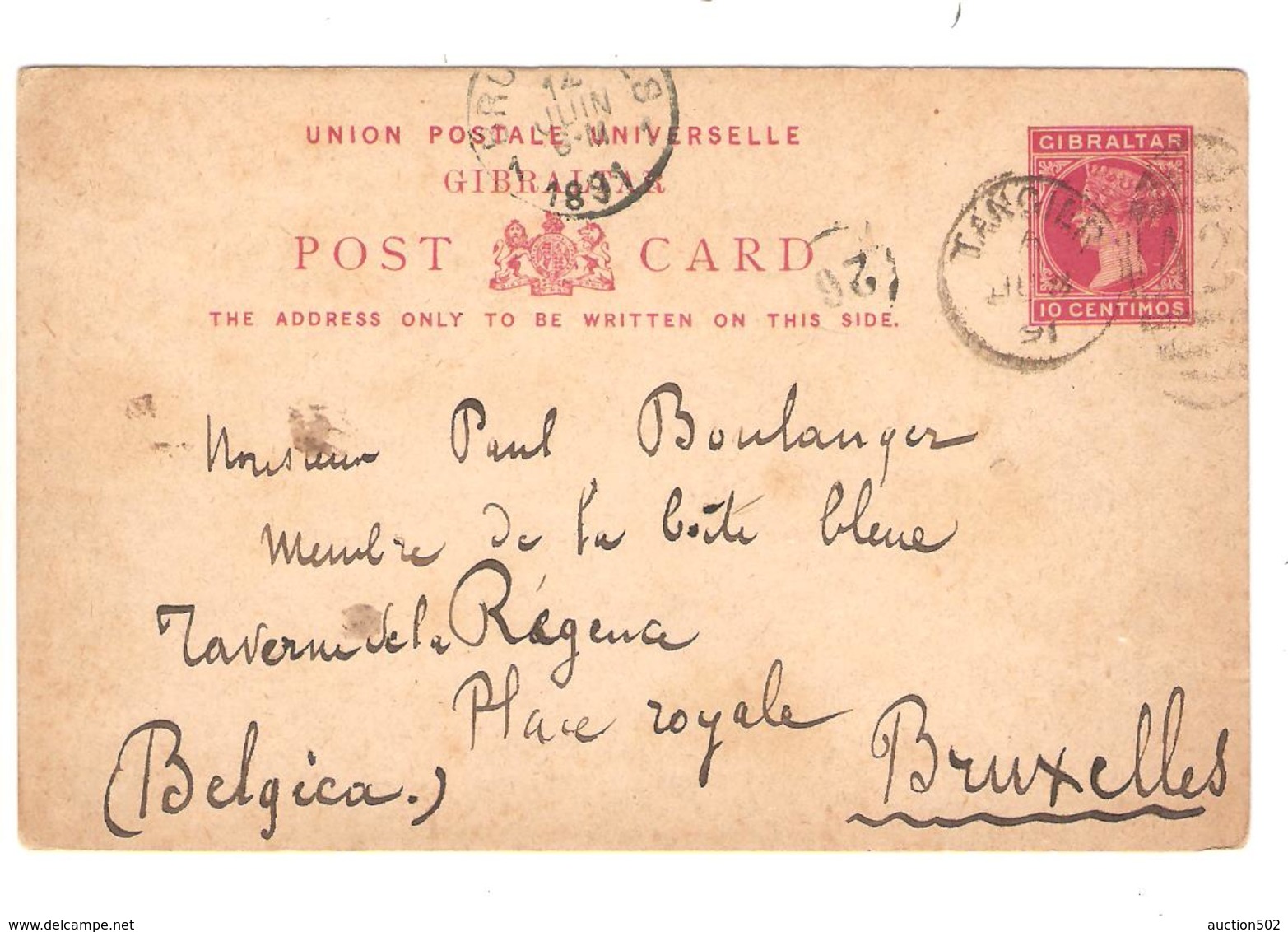 PR6149/ Gibraltar Entire PC 10 C C.Tangier 1891 To Brussels Belgium Arrival Cancellation - Gibraltar