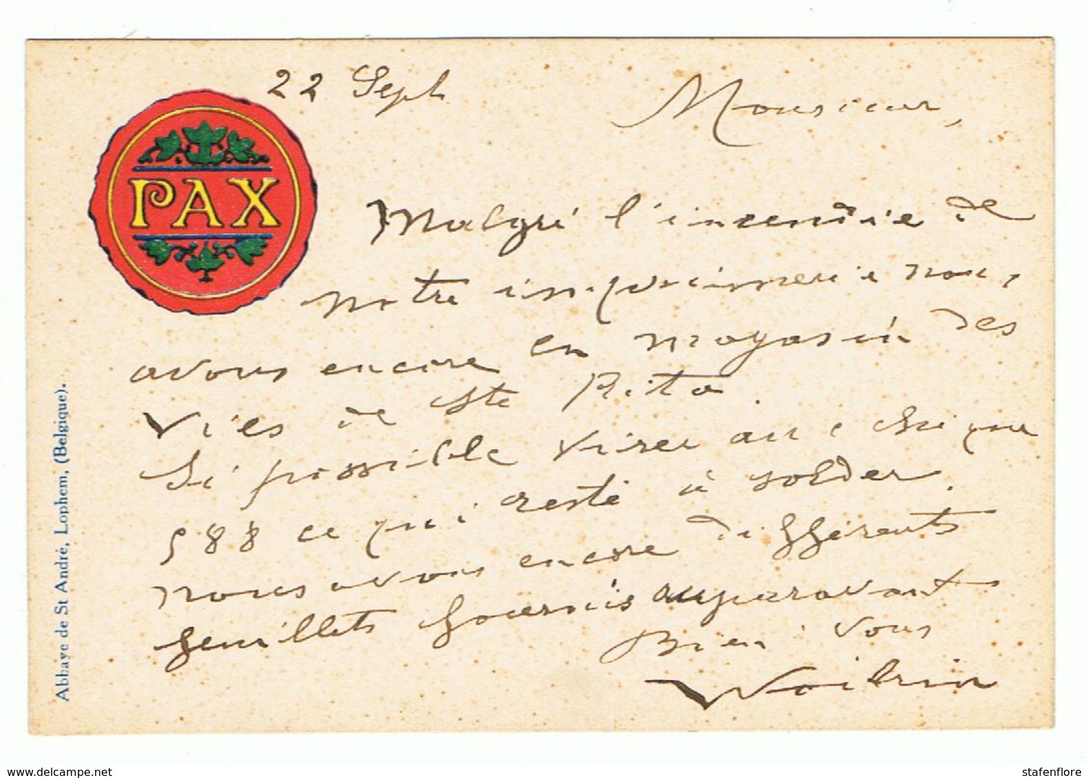 Mooie Briefkaart PAX  Verstuurd Naar Liège Via Namur 22/09/1910 - Sonstige & Ohne Zuordnung