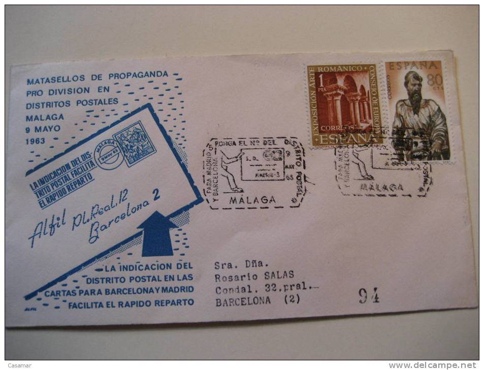 MALAGA 1963 Ponga El Numero Distrito Postal Post Code Cartero Postman Matasellos Especial Sobre Ilustrado Cover Cacheted - Cartas & Documentos