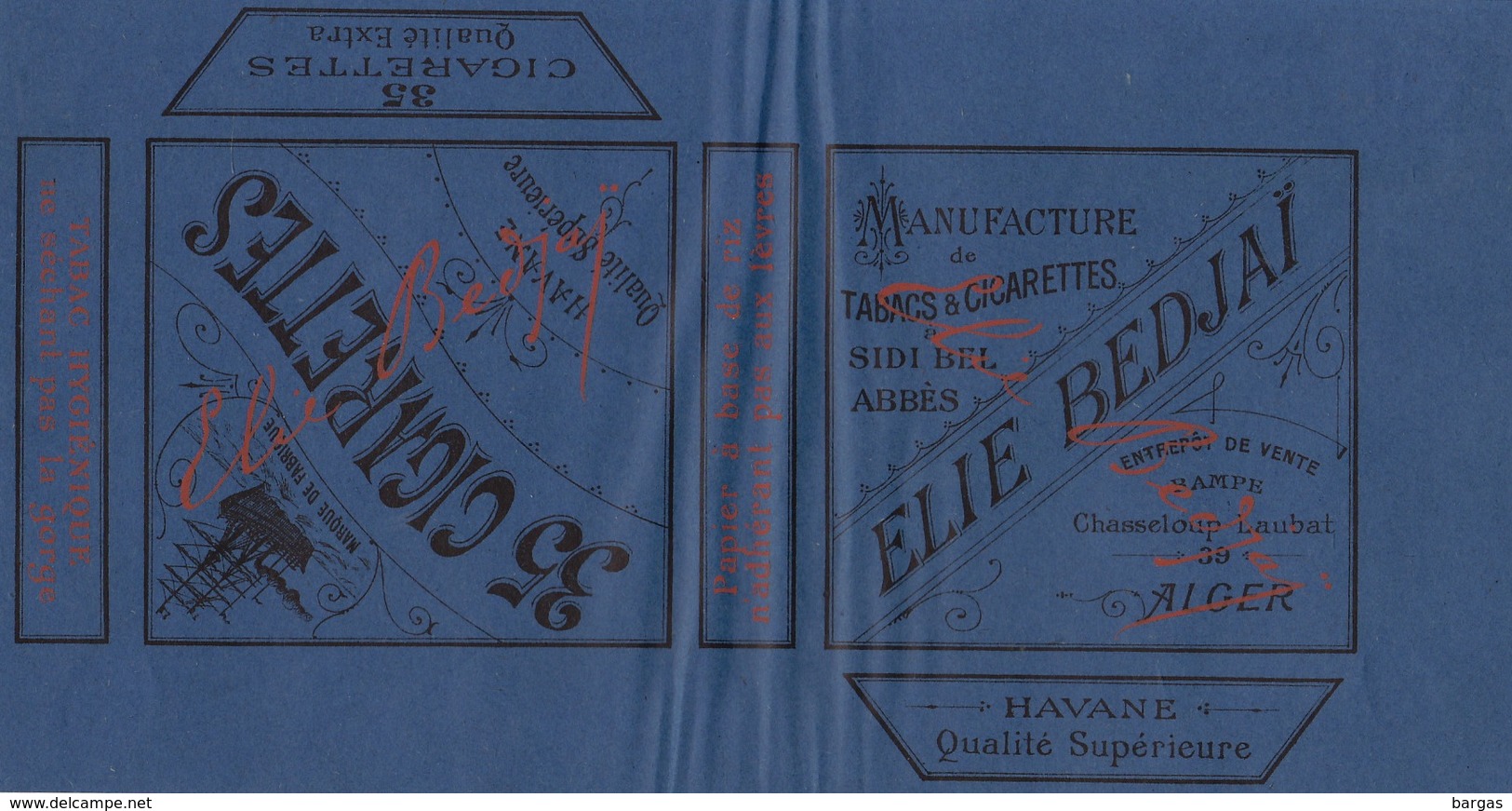 1893 Rare Papier étiquette De Paquet De Cigarettes Cigarette ELIE BEDJAI ALGER - Autres & Non Classés