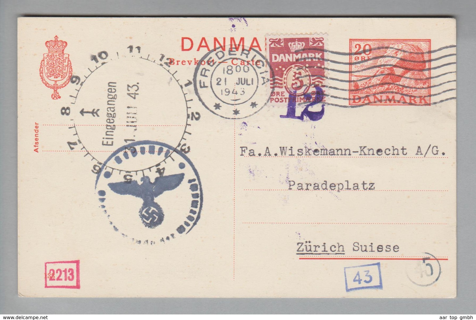 Dänemark 1943-07-21 Fredericia Ganzsache Mit Perfinmarke - Lettres & Documents