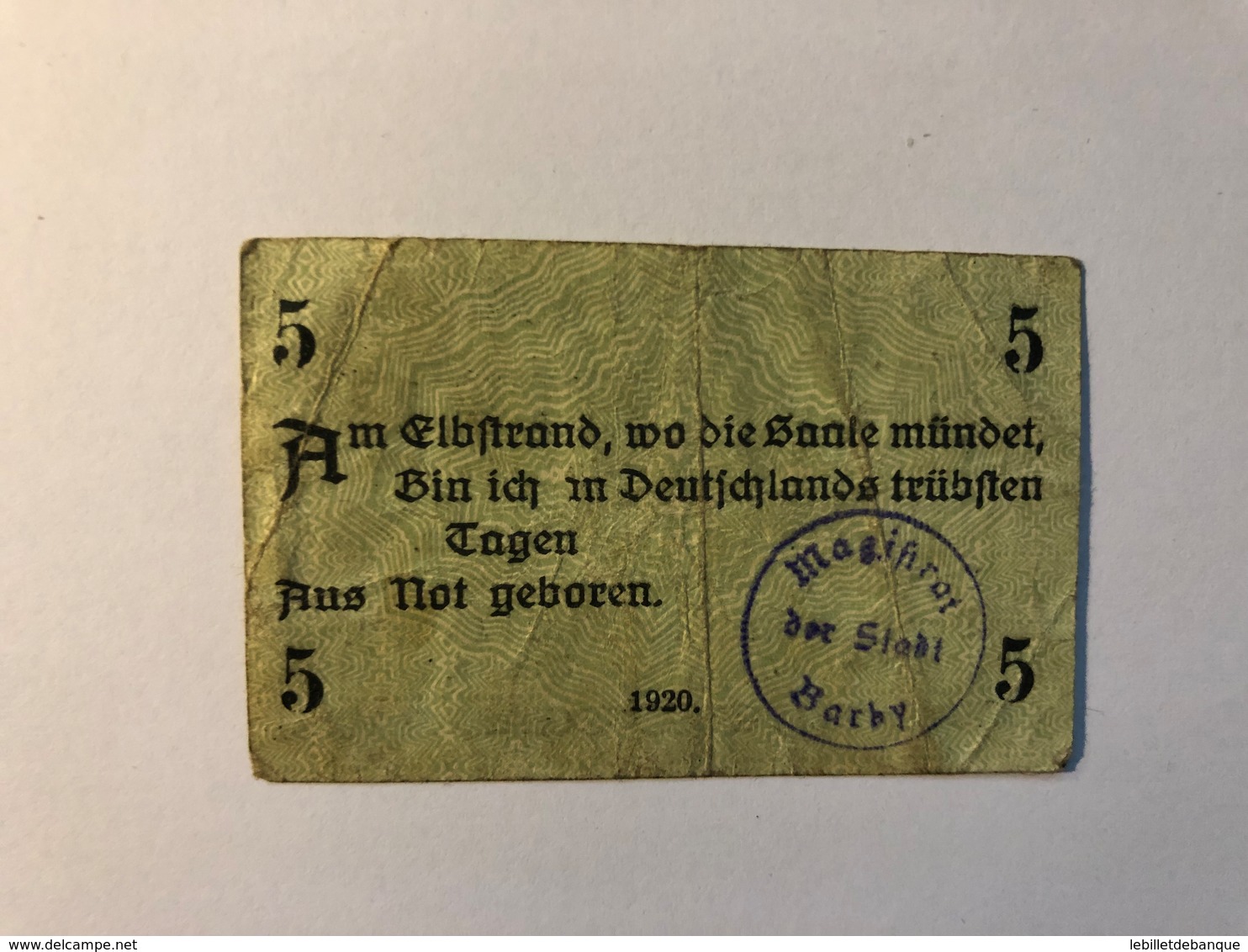 Allemagne Notgeld Barby 5 Pfennig - Collections