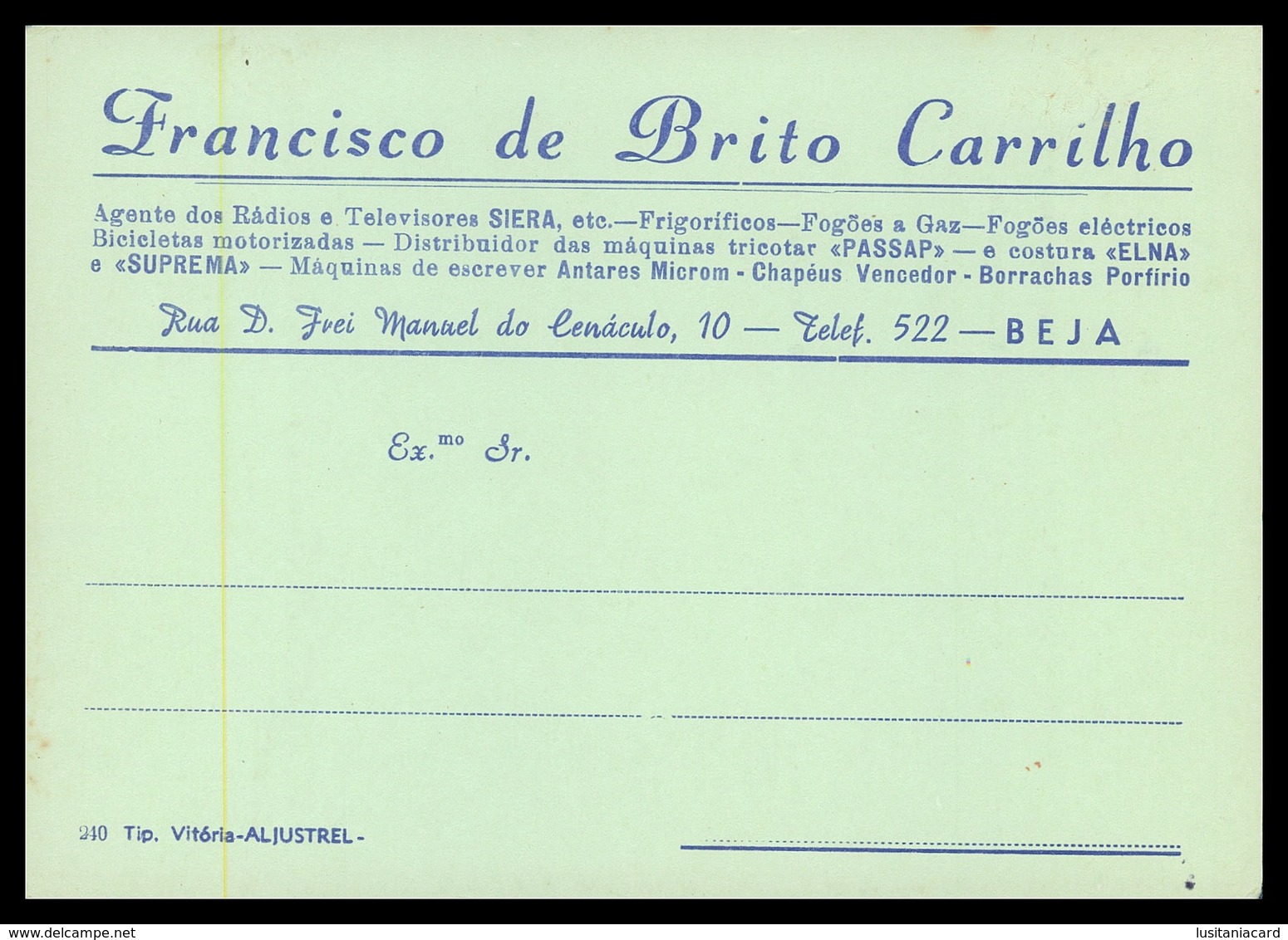 BEJA - PUBLICIDADE - « Franciso De Brito Carrilho» ( Ed. Tip. Vitória - Aljustrel) Carte Postale - Beja