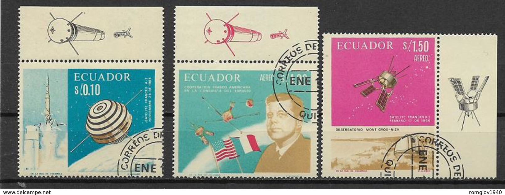 ECUADOR 1967 COOPERAZIONE SPAZIALE FRANCO-AMERICANA YVERT. 762+POSTA AEREA 464-465 USATA VF - Ecuador