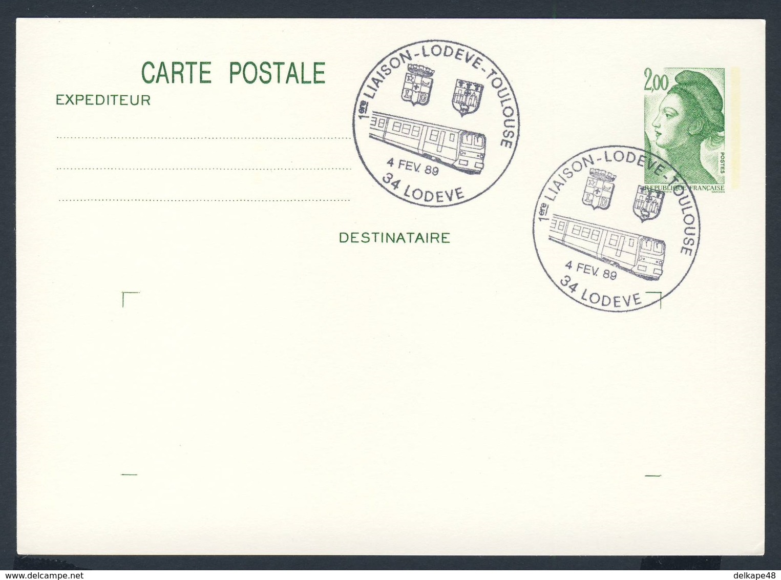 France Rep. Française 1989 Card Karte Carte - 1ere Liaison Lodeve - Toulouse / 1. Verbindung Lodeve - Toulouse - Treinen