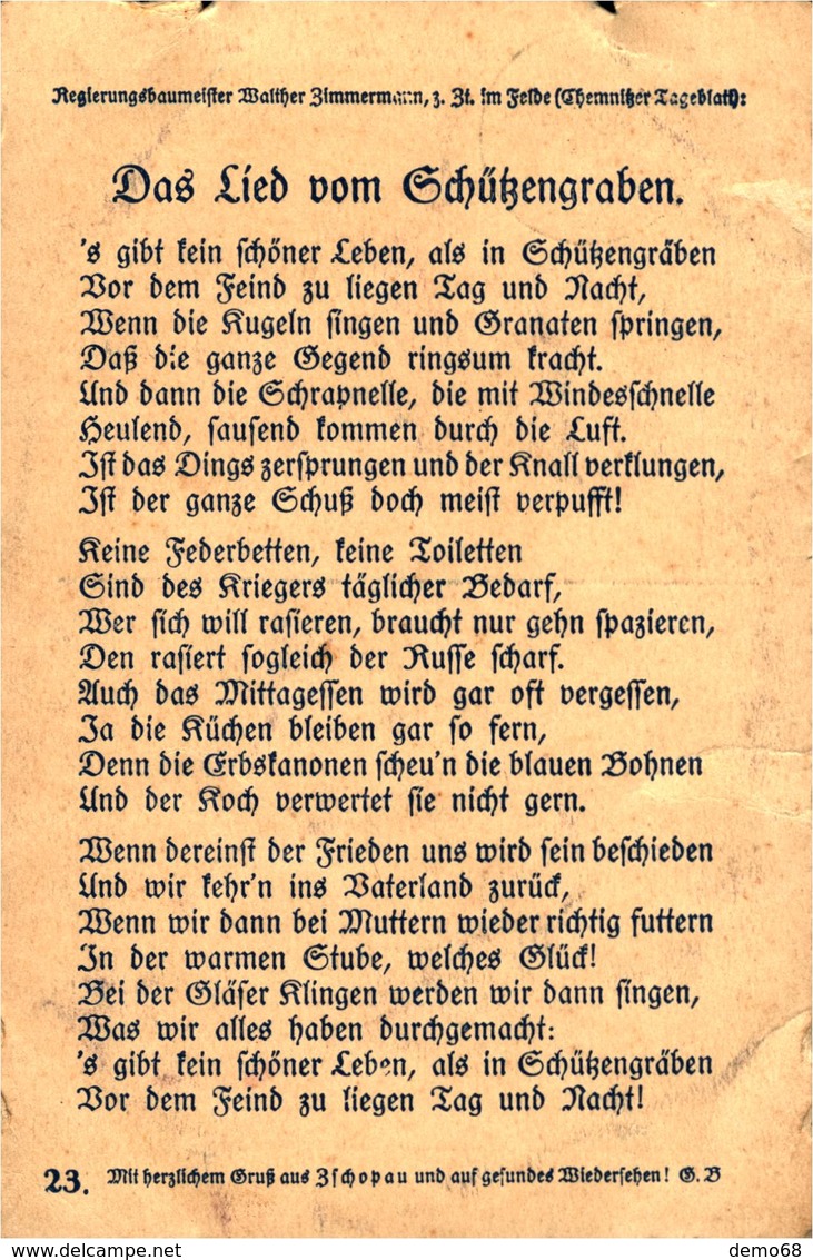 Schutzengraben Lied Chanson Militaire Carte De 1915 N°23 - Weltkrieg 1914-18