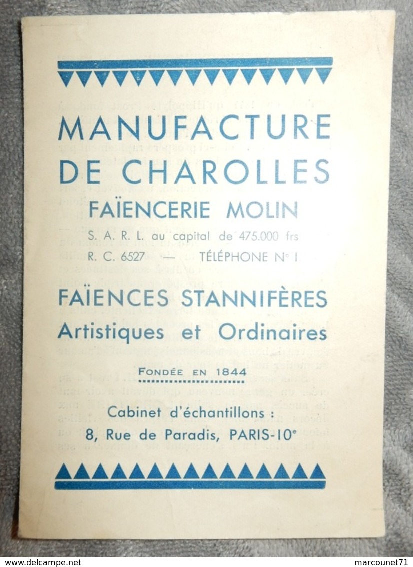 PETIT DÉPLIANT ANCIEN MANUFACTURE DE FAIENCE DE CHAROLLES MOLIN - 1950 - ...