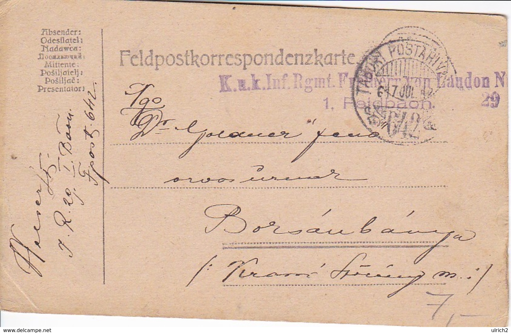 Feldpostkarte K.u.k. Inf. Rgmt. Freiherr Von Laudon Nr. 29 - 1. WK (38563) - Briefe U. Dokumente