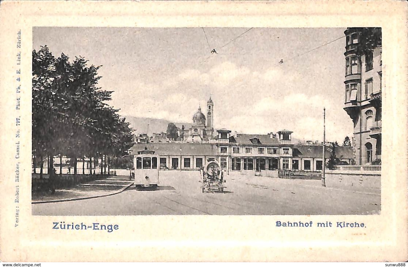 Zürich-Enge - Bahnhof Mit Kirche (animation, Tram Tramway, Verlag Robert Bäcker) - Enge