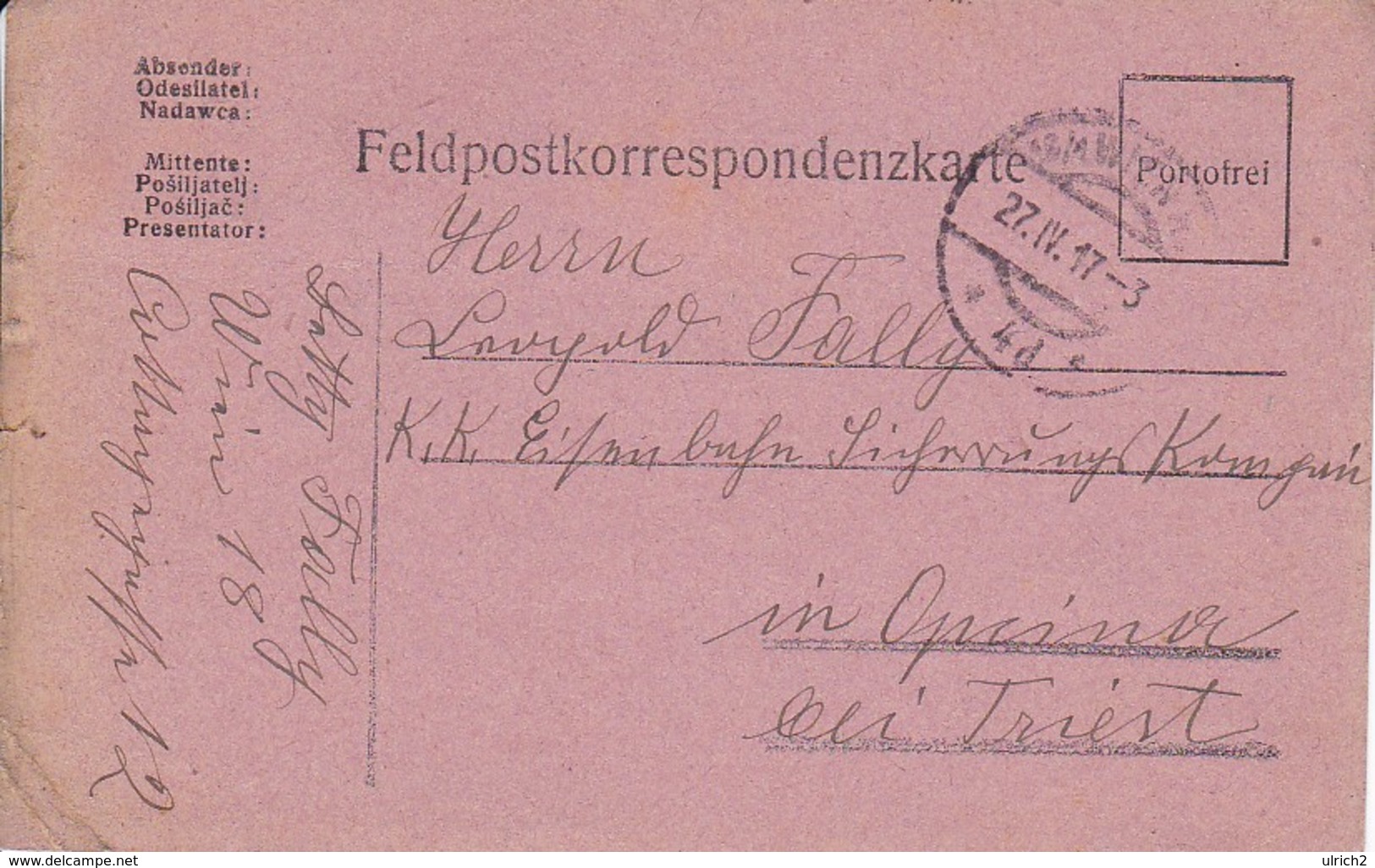 Feldpostkarte - Wien Nach K.k. Eisenbahn Sicherungs Kompanie Opcina Bei Triest - 1917 (38565) - Briefe U. Dokumente