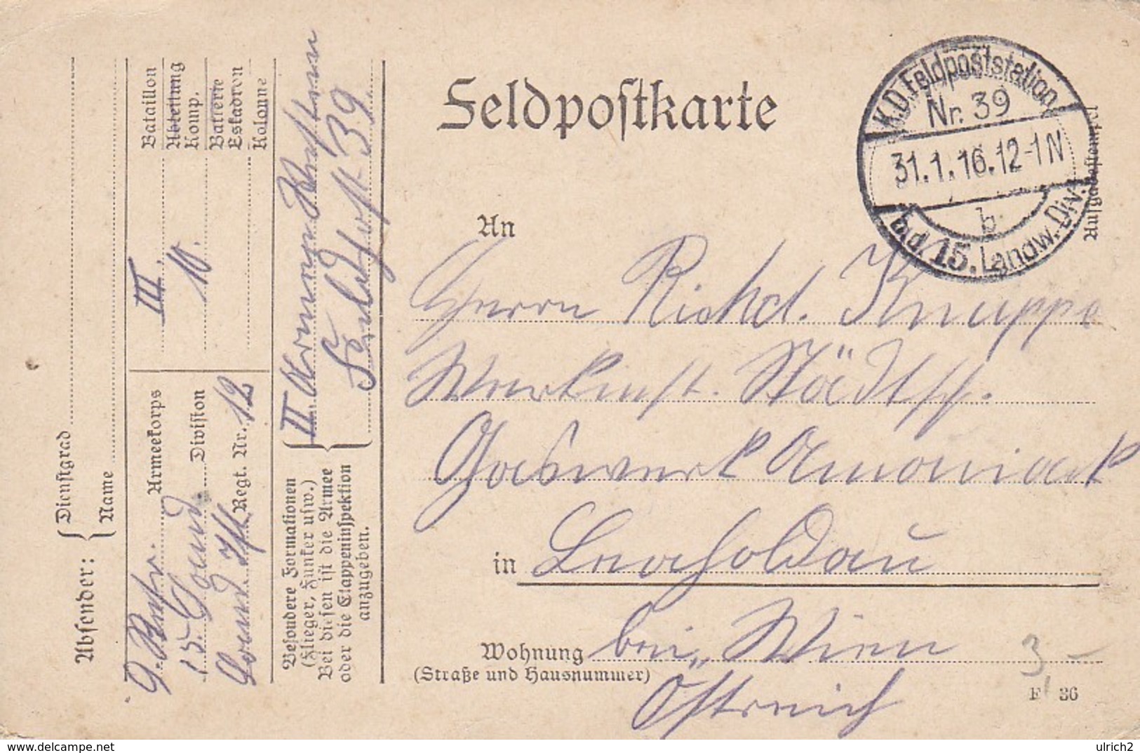 Feldpostkarte - 15. Landw. Div. Nach Leopoldau - 1916 (38566) - Briefe U. Dokumente