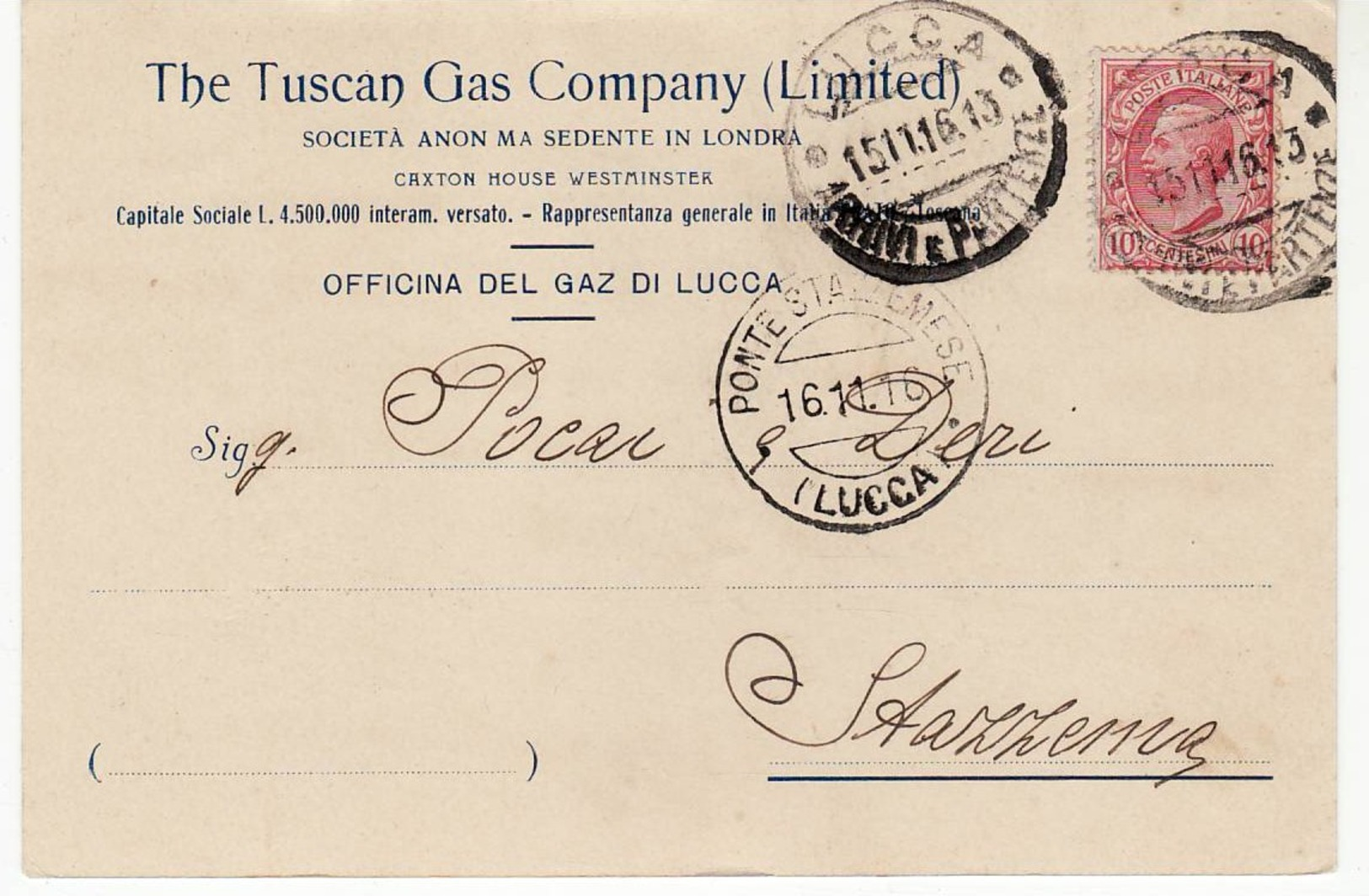 5107 LUCCA TUSCAN GAS COMPANY X STAZZEMA - Storia Postale