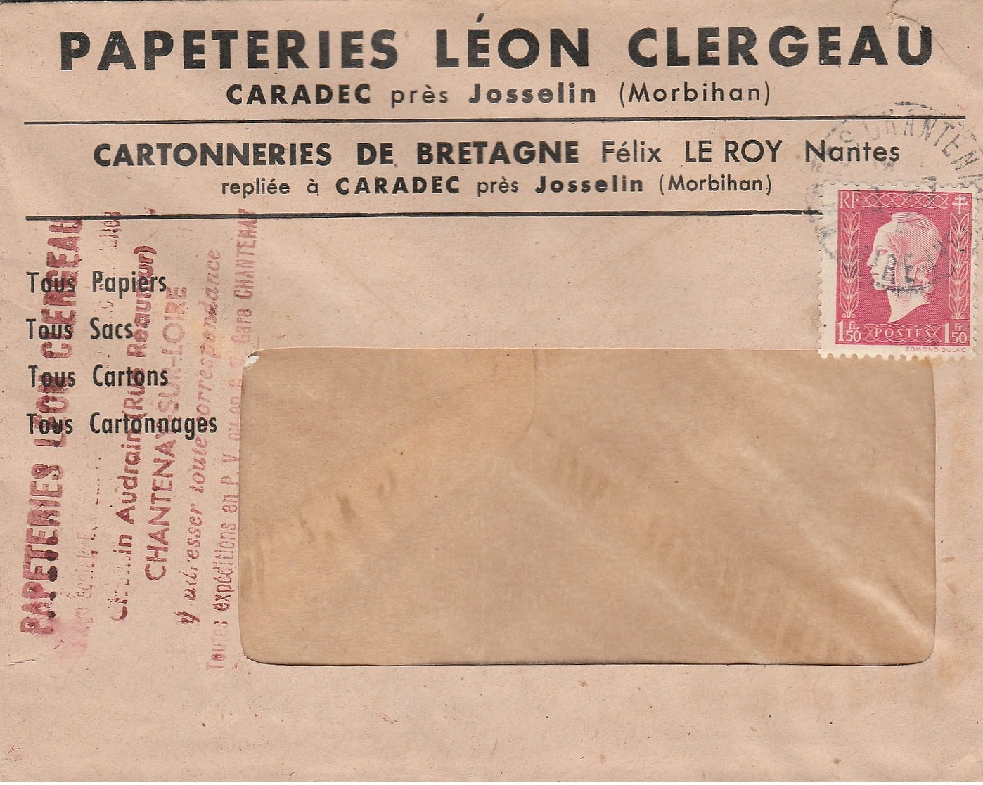 LSC -  Entête PAPETERIE LEON CLERGEAU à CARADEC Près JOSSELIN (Morbihan) & YT 691 Seul Sur Lettre - 1921-1960: Modern Period