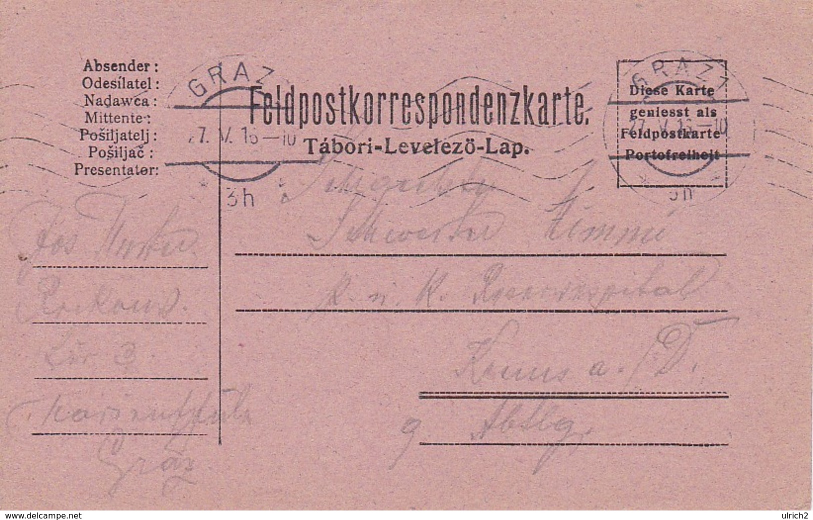 Feldpostkarte - Graz Nach Krems/Donau - 1916 (38576) - Briefe U. Dokumente